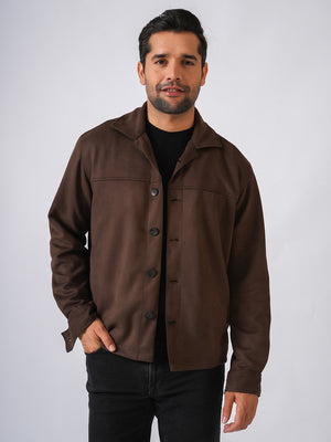 Brown Suede Solid Cut & Sew Jacket