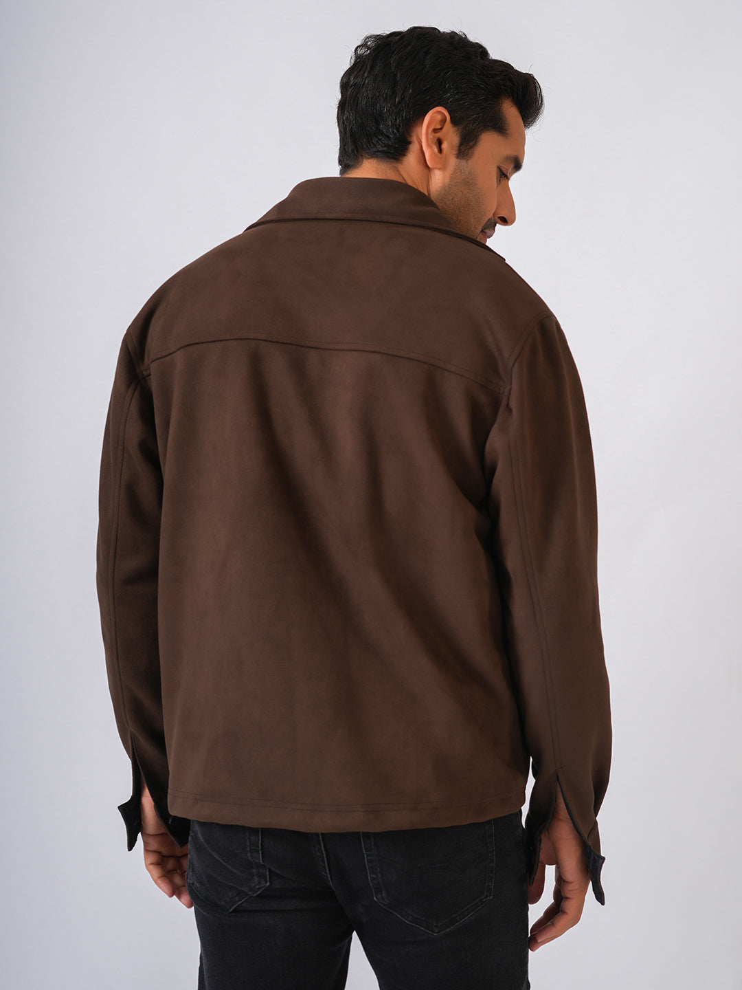 Brown Suede Solid Cut & Sew Jacket