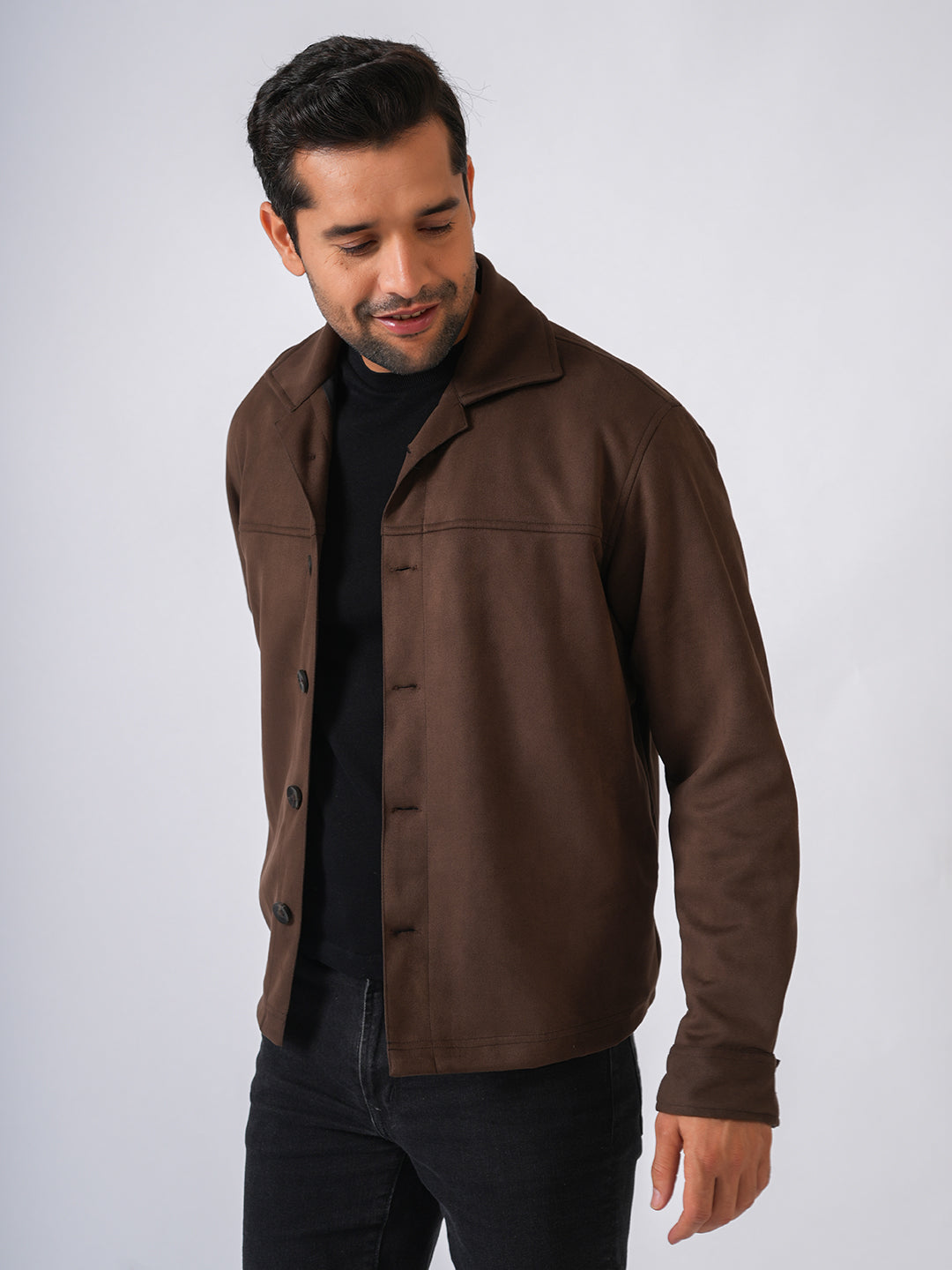 Brown Suede Solid Cut & Sew Jacket