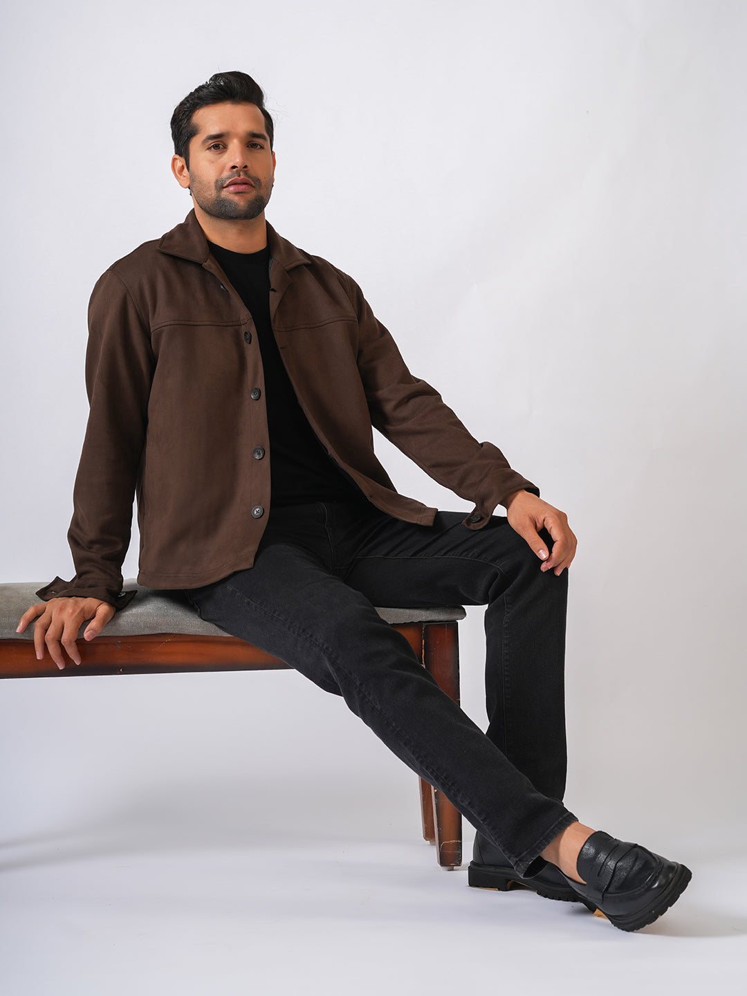 Brown Suede Solid Cut & Sew Jacket