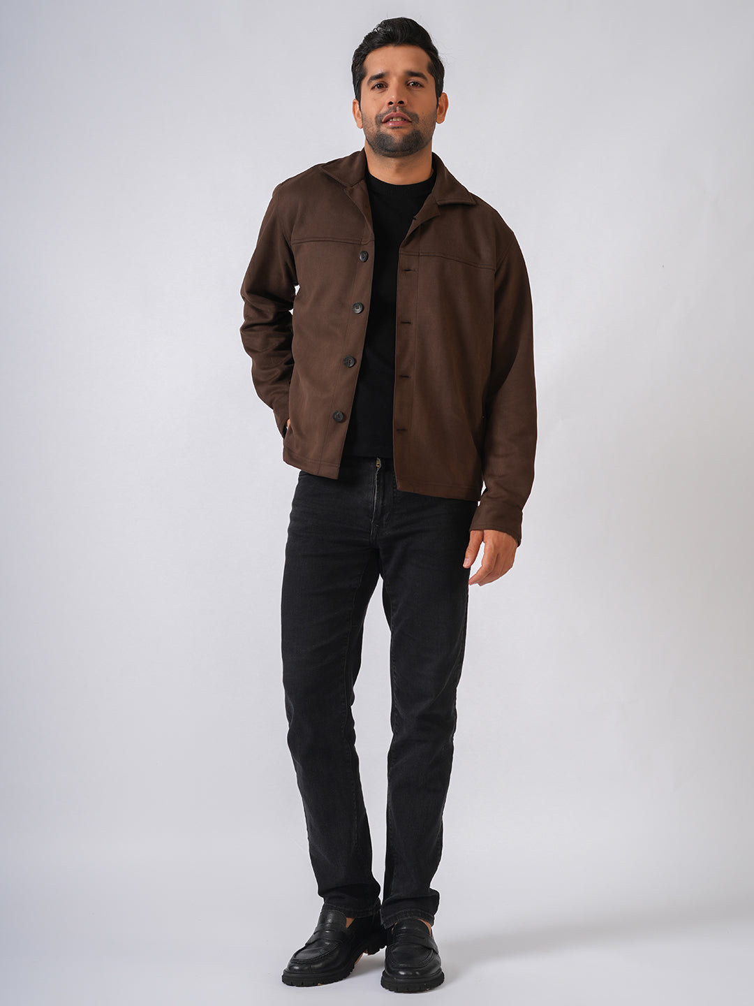 Brown Suede Solid Cut & Sew Jacket