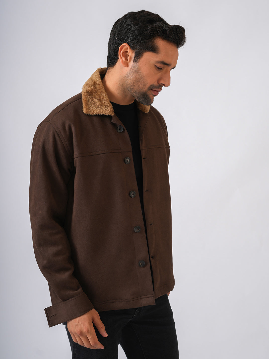 Brown Suede Solid Cut & Sew Fur Collar Jacket
