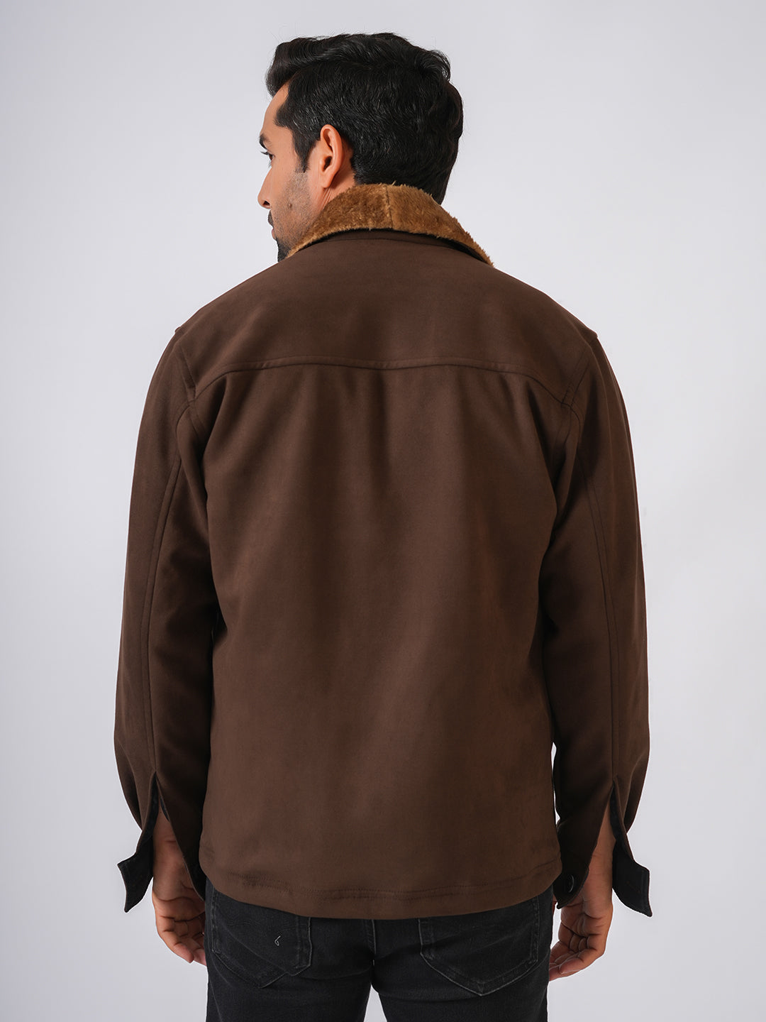 Brown Suede Solid Cut & Sew Fur Collar Jacket