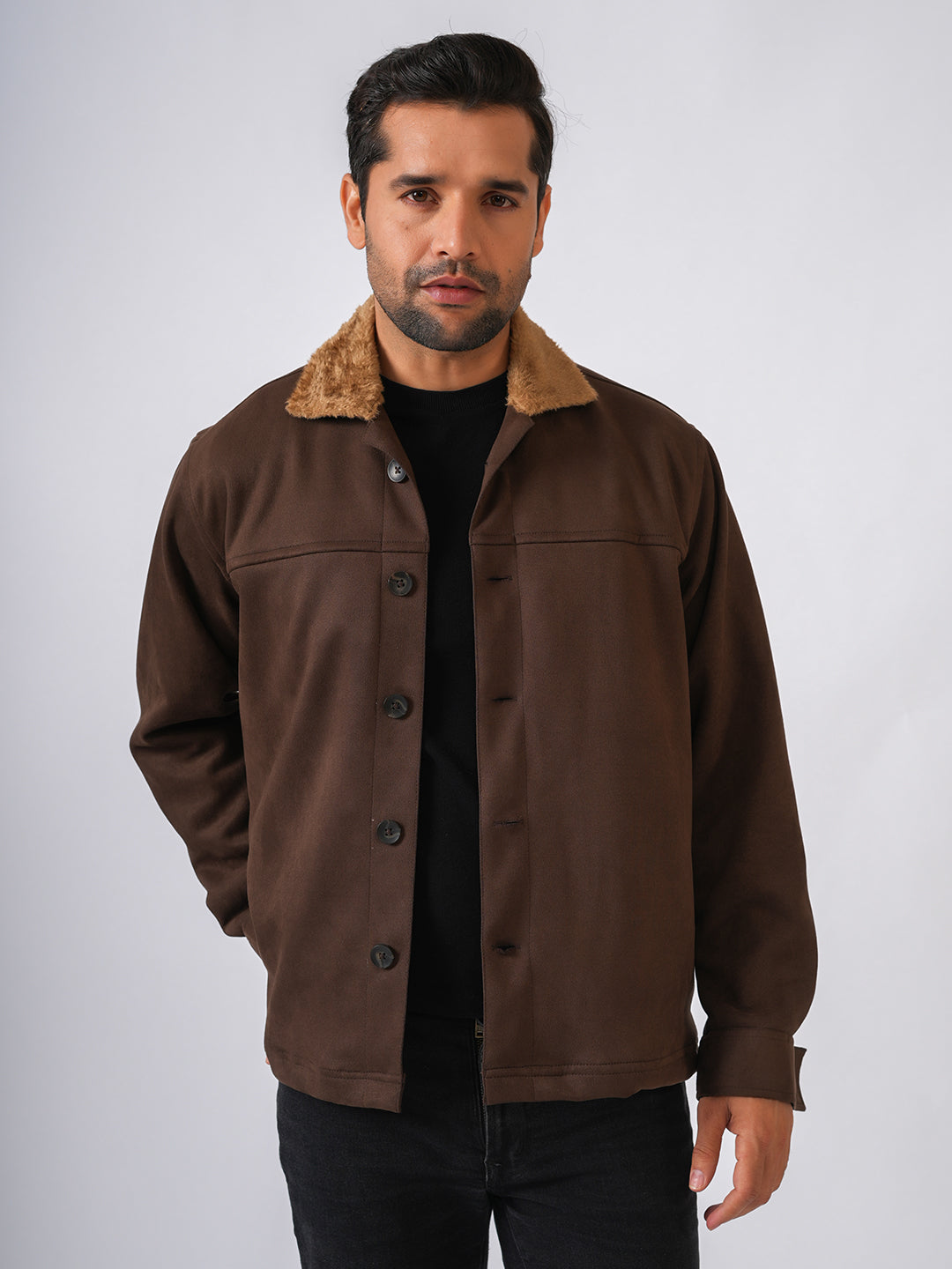 Brown Suede Solid Cut & Sew Fur Collar Jacket