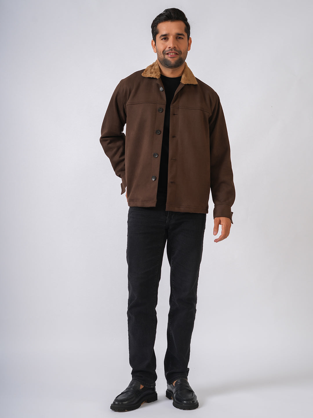 Brown Suede Solid Cut & Sew Fur Collar Jacket