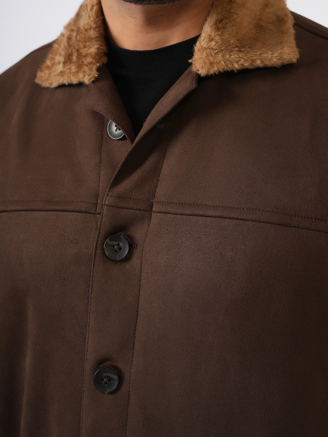 Brown Suede Solid Cut & Sew Fur Collar Jacket