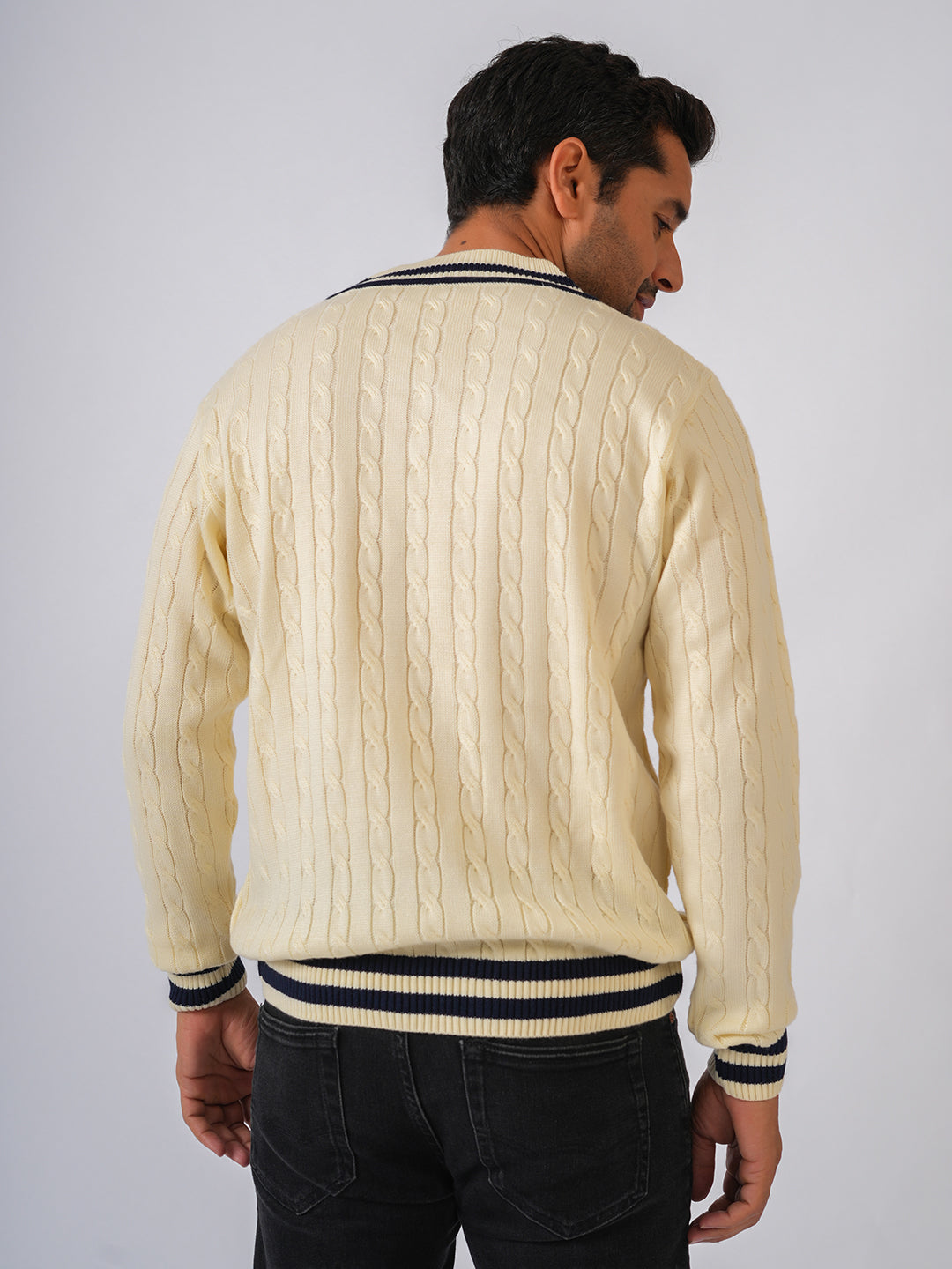 Cream Solid Cable Knit Cricket style Pullover-Sweater