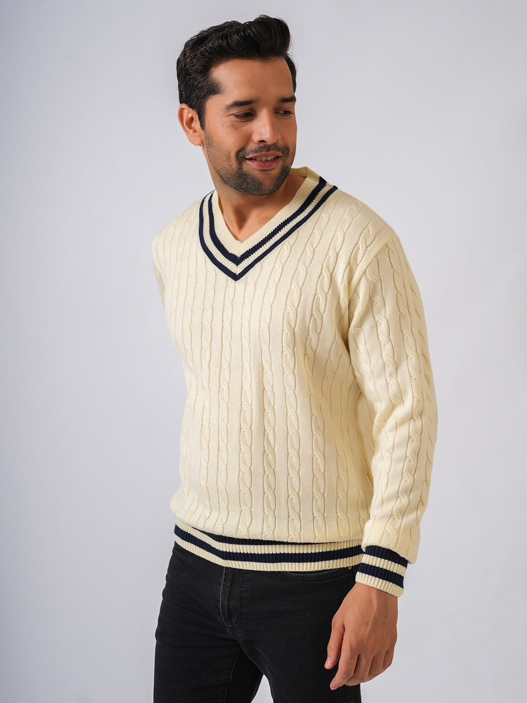 Cream Solid Cable Knit Cricket style Pullover-Sweater