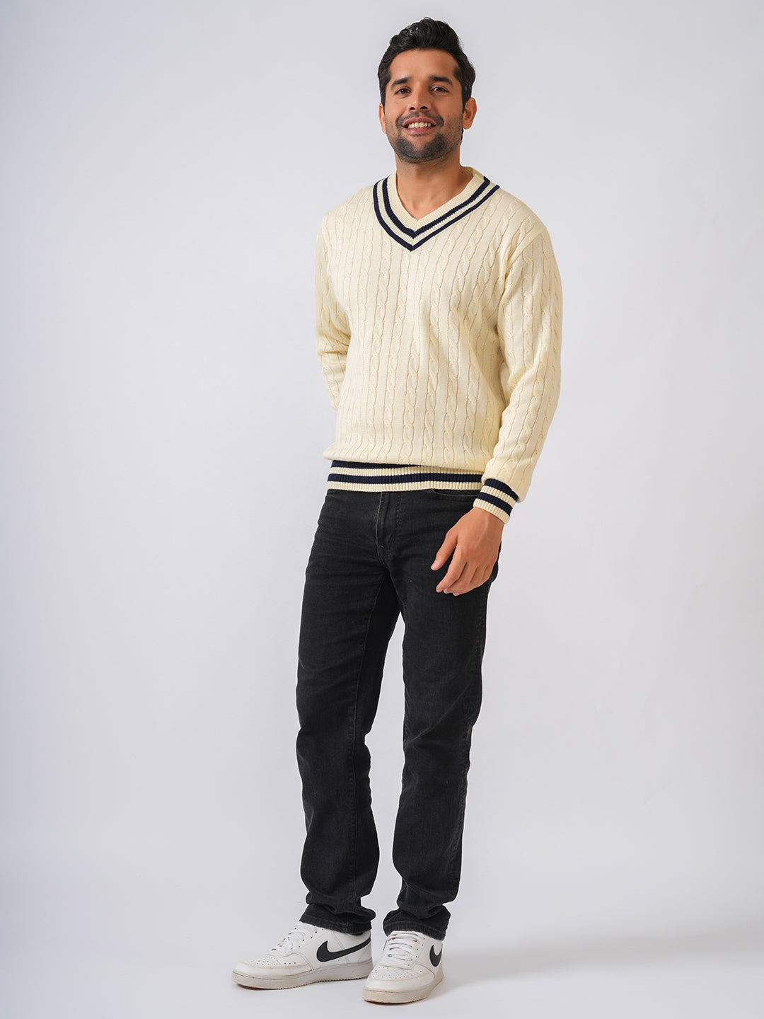 Cream Solid Cable Knit Cricket style Pullover-Sweater