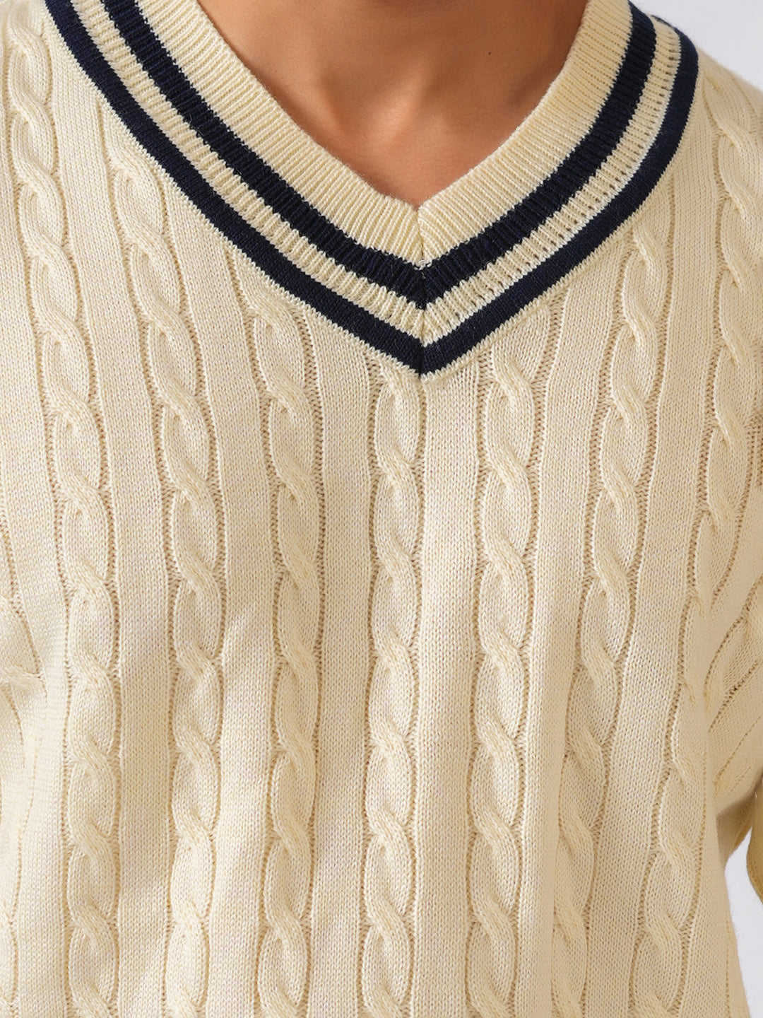 Cream Solid Cable Knit Cricket style Pullover-Sweater