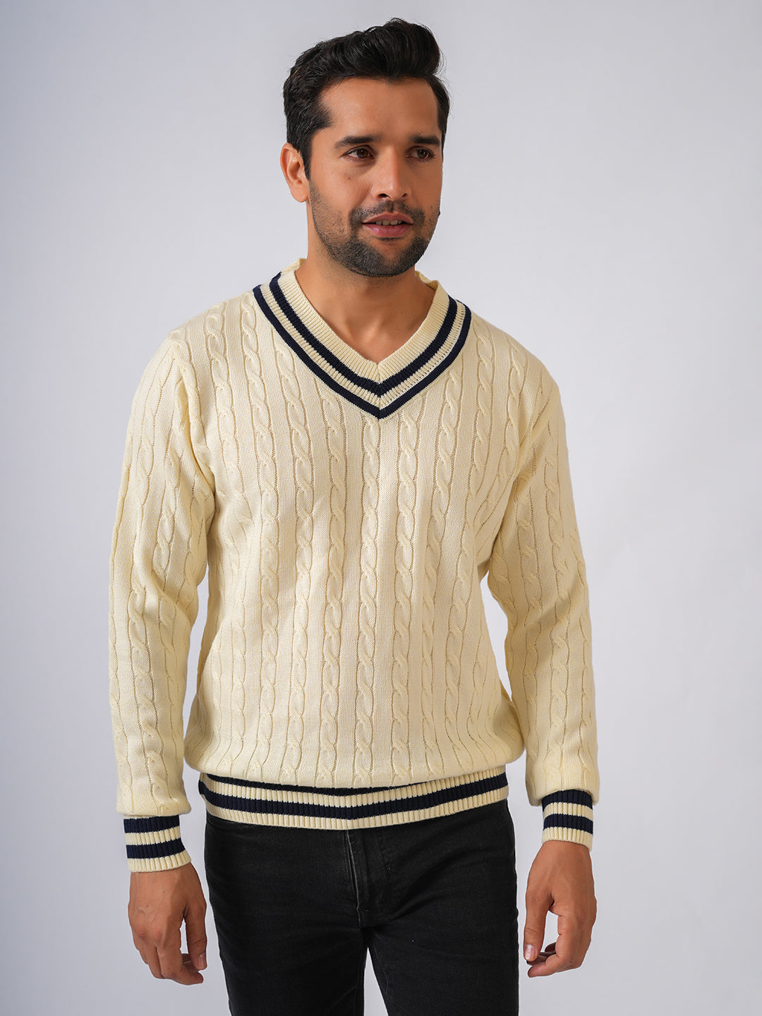 Cream Solid Cable Knit Cricket style Pullover-Sweater