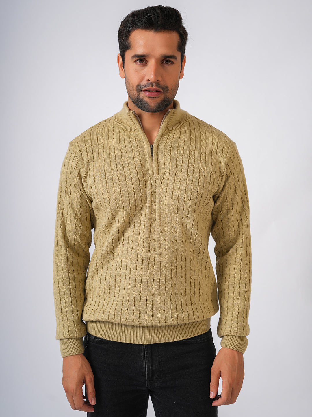 Fawn Solid Cable Knit Zip-Top Pullover-Sweater