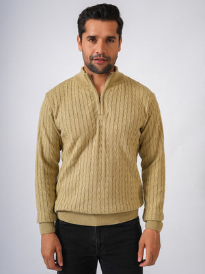 Fawn Solid Cable Knit Zip-Top Pullover-Sweater