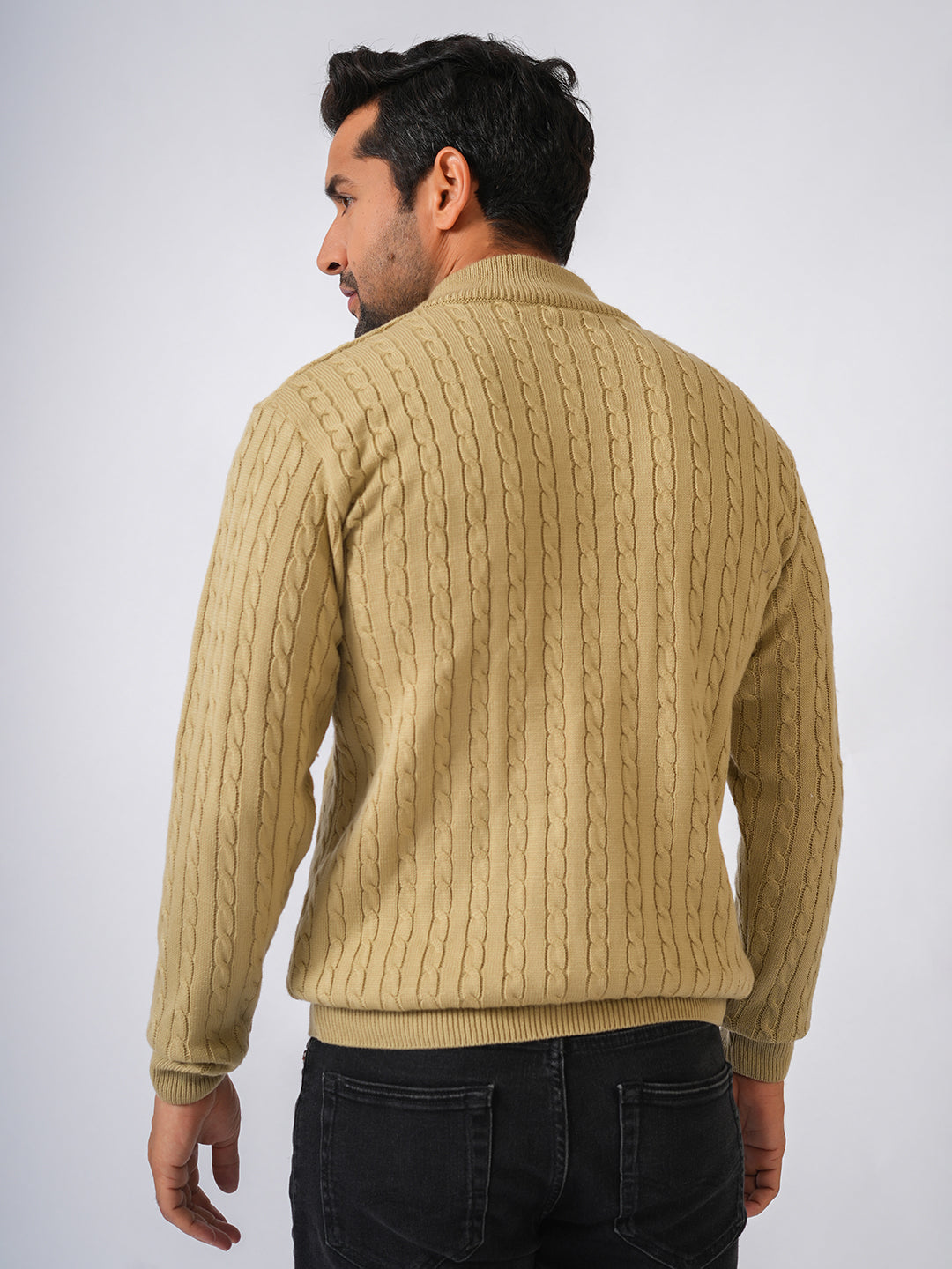 Fawn Solid Cable Knit Zip-Top Pullover-Sweater