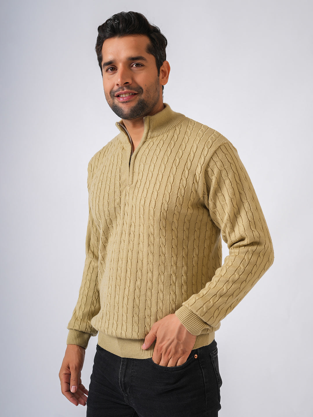 Fawn Solid Cable Knit Zip-Top Pullover-Sweater