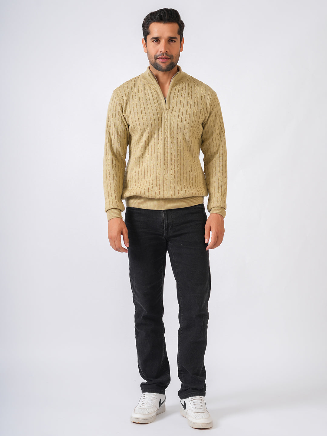 Fawn Solid Cable Knit Zip-Top Pullover-Sweater