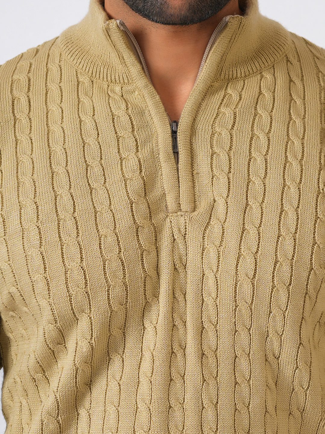 Fawn Solid Cable Knit Zip-Top Pullover-Sweater