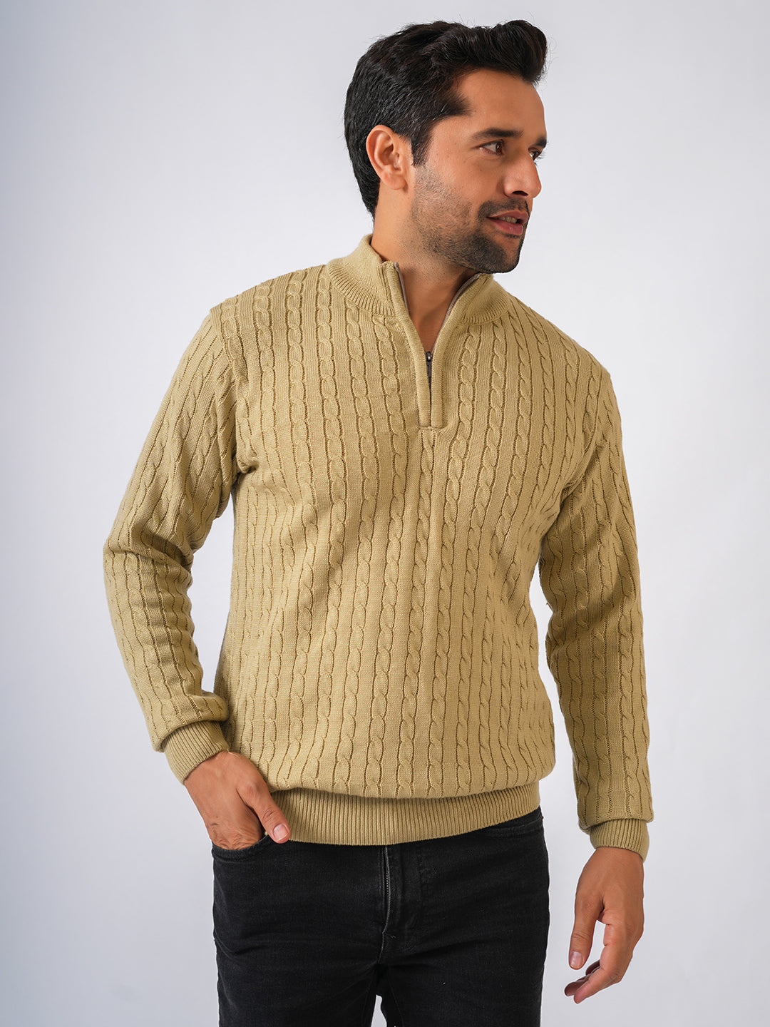 Fawn Solid Cable Knit Zip-Top Pullover-Sweater