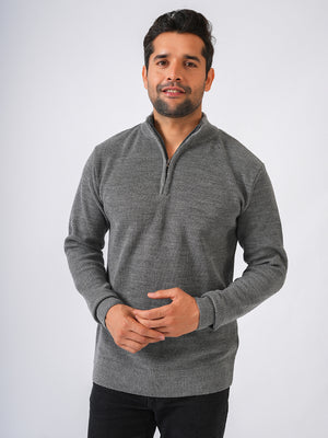 Grey Solid Ribbed Zip-Top Pullover-Sweater