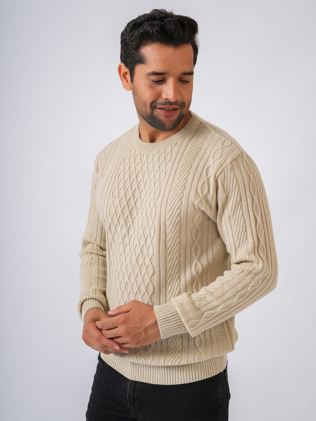 Ivory Solid Cable Knit Self Designed Pullover-Sweater