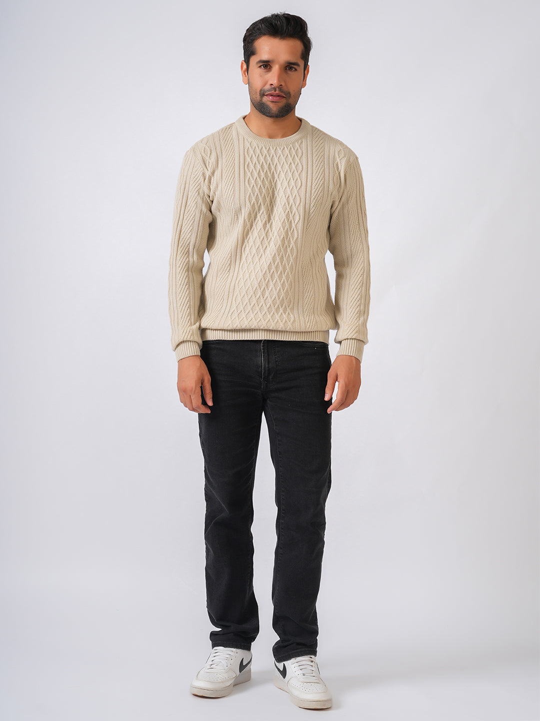 Ivory Solid Cable Knit Self Designed Pullover-Sweater