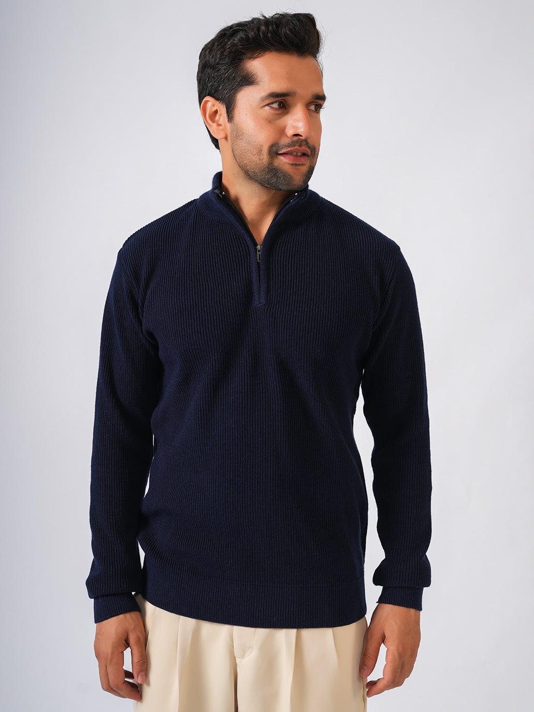 Navy Blue Solid Ribbed Zip-Top Pullover-Sweater