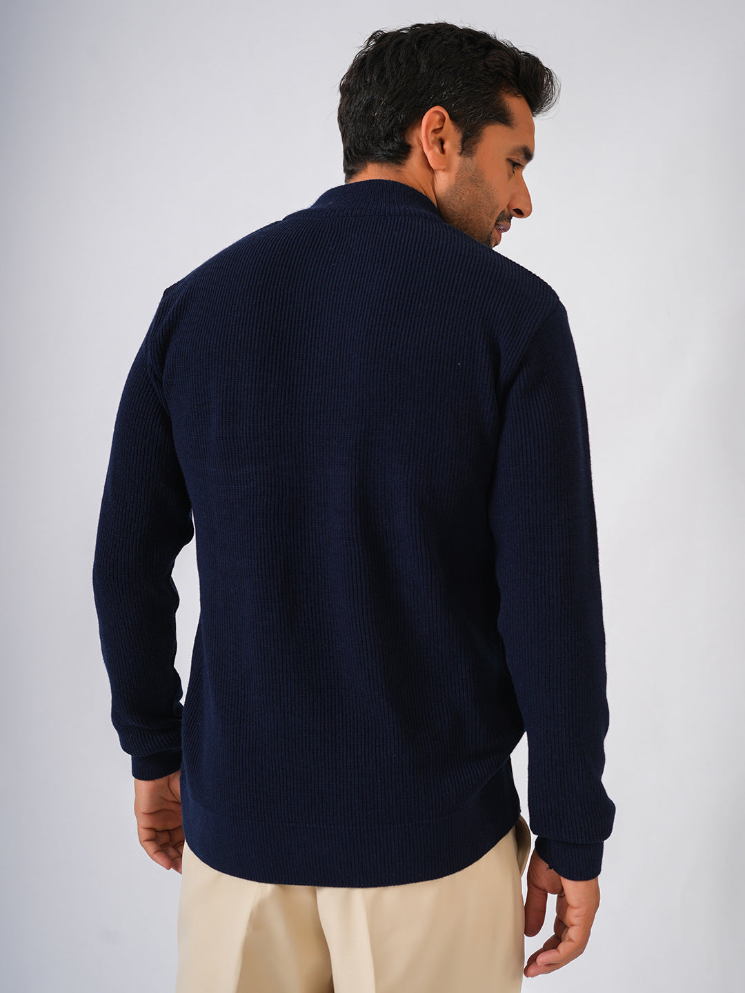 Navy Blue Solid Ribbed Zip-Top Pullover-Sweater