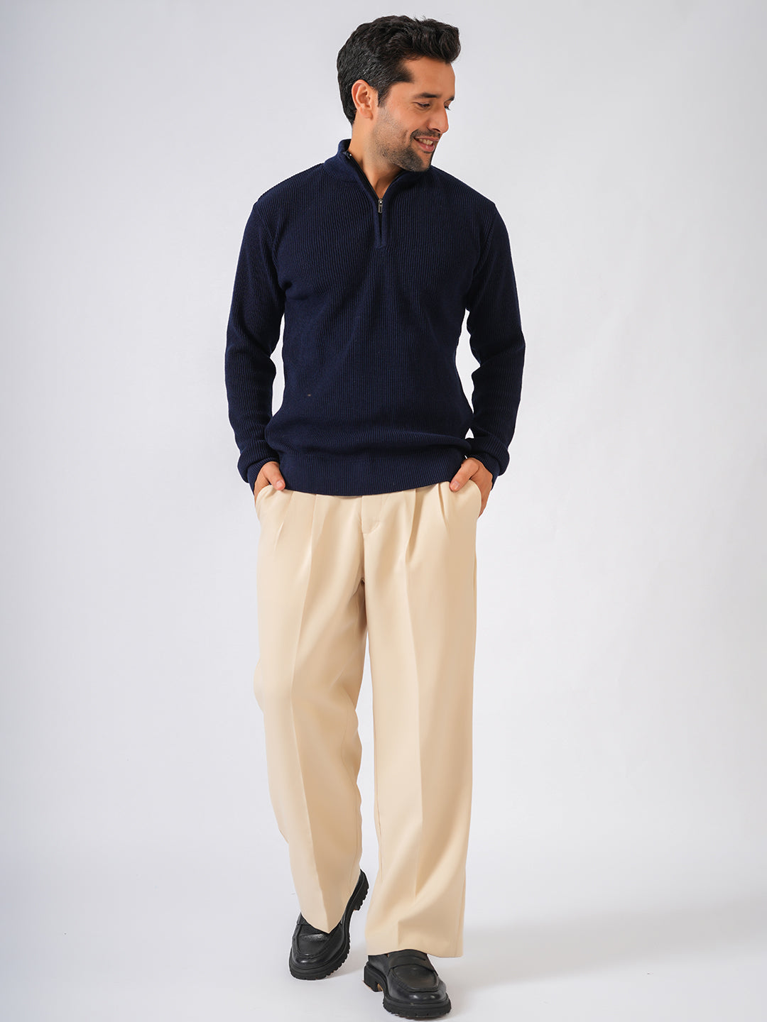 Navy Blue Solid Ribbed Zip-Top Pullover-Sweater
