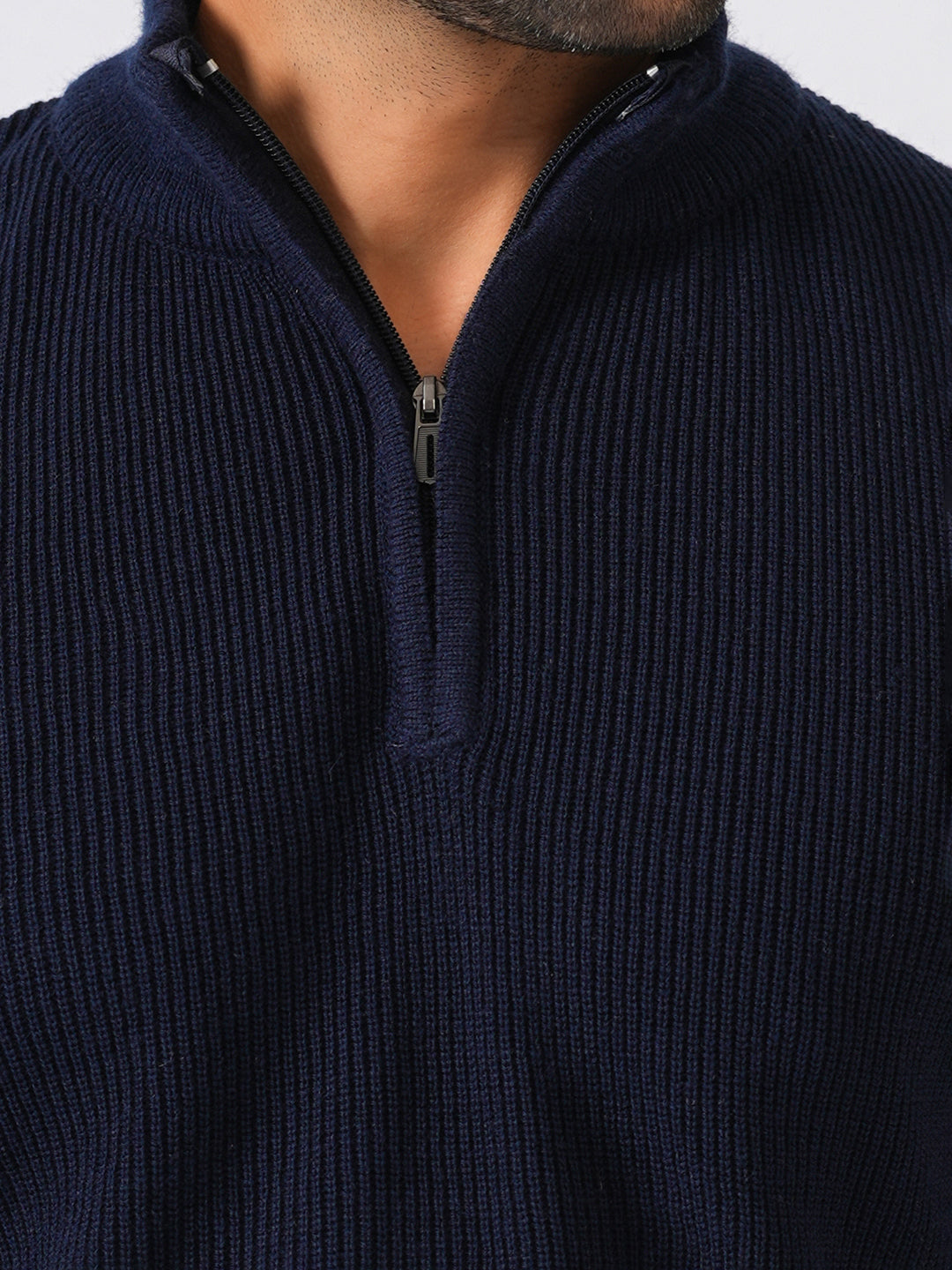 Navy Blue Solid Ribbed Zip-Top Pullover-Sweater