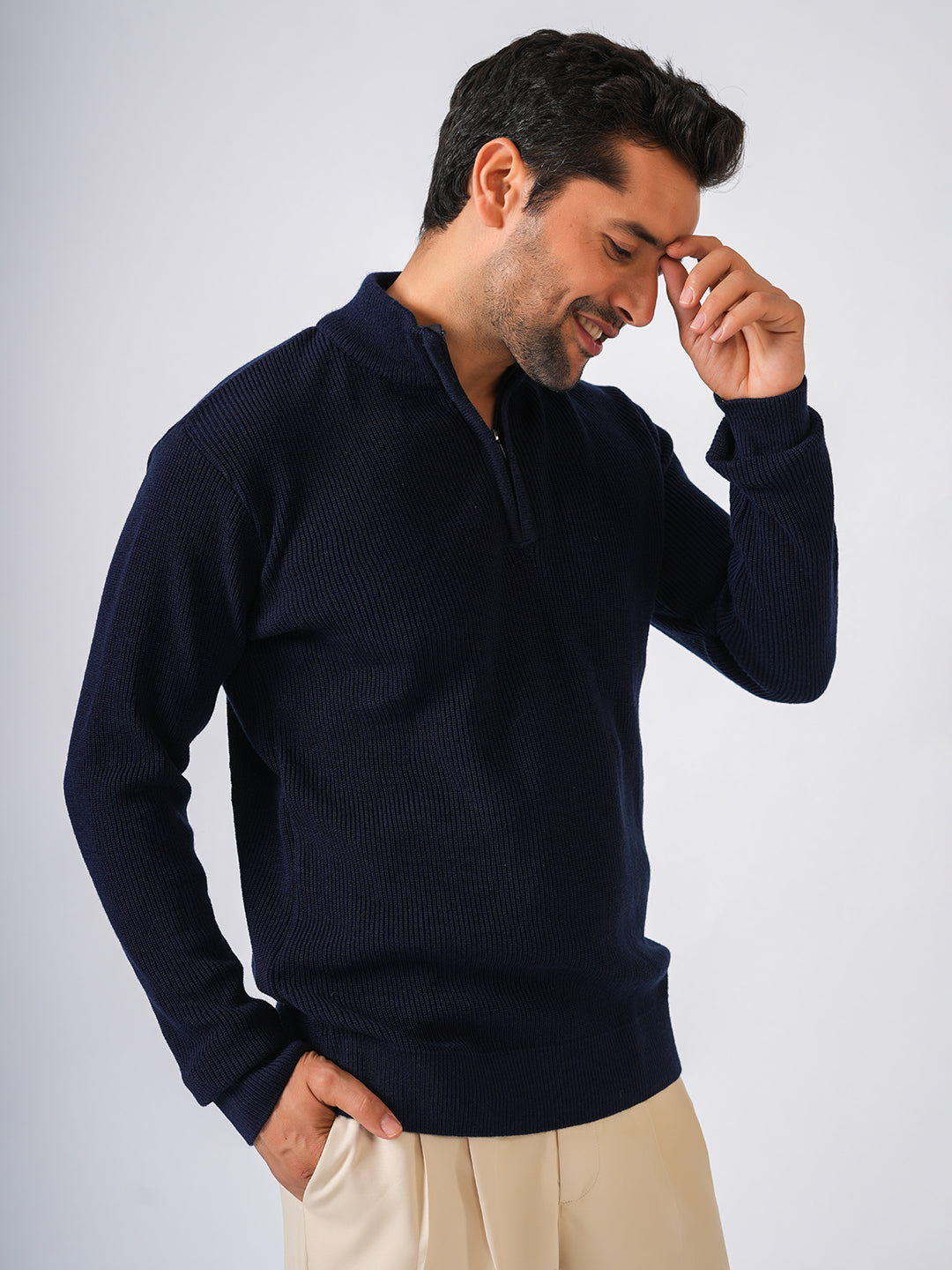 Navy Blue Solid Ribbed Zip-Top Pullover-Sweater