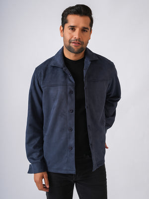 Navy Blue Suede Solid Cut & Sew Jacket