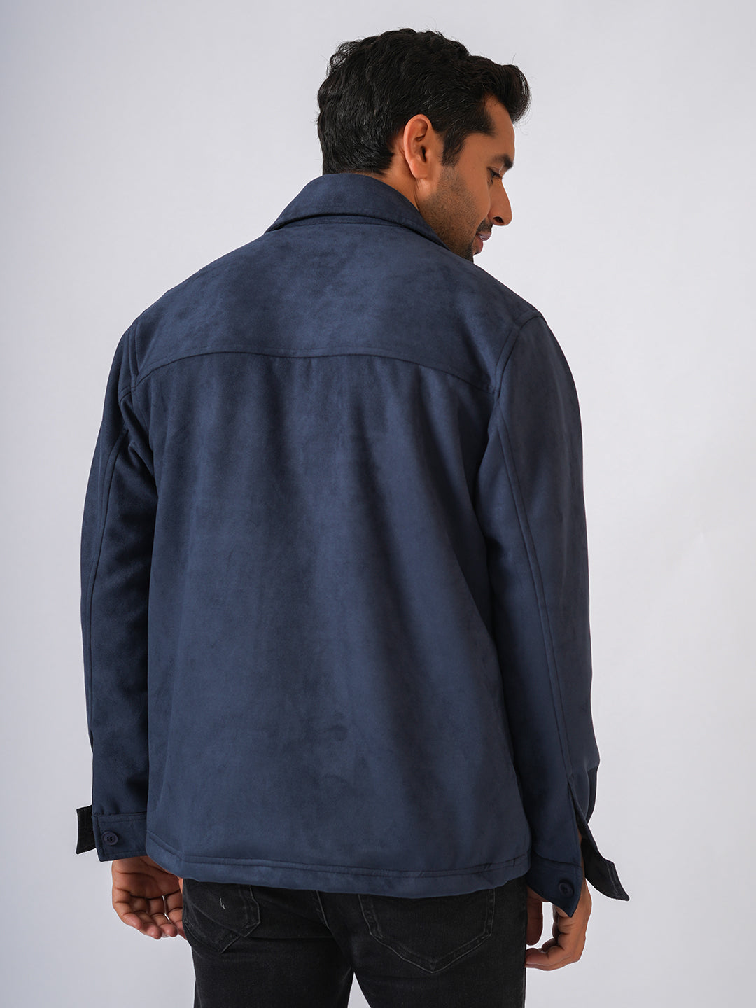 Navy Blue Suede Solid Cut & Sew Jacket