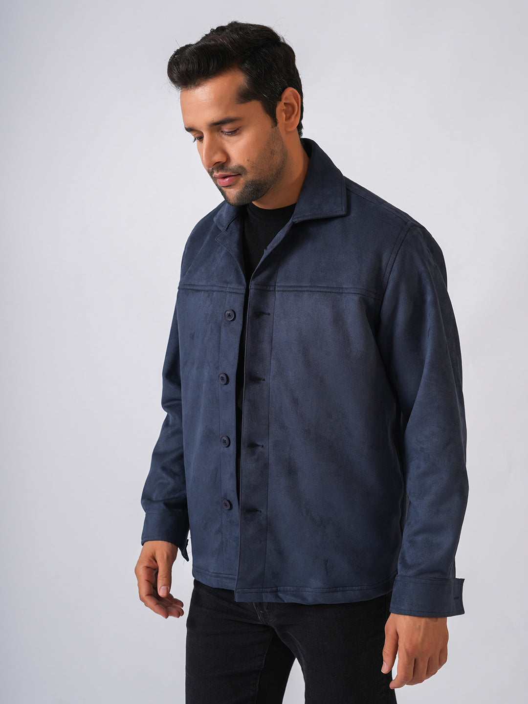 Navy Blue Suede Solid Cut & Sew Jacket