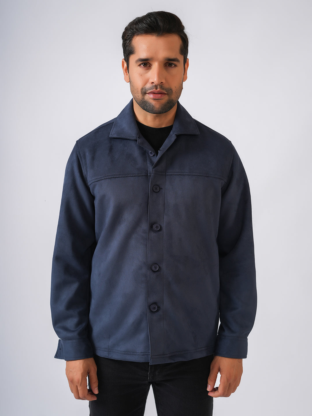Navy Blue Suede Solid Cut & Sew Jacket