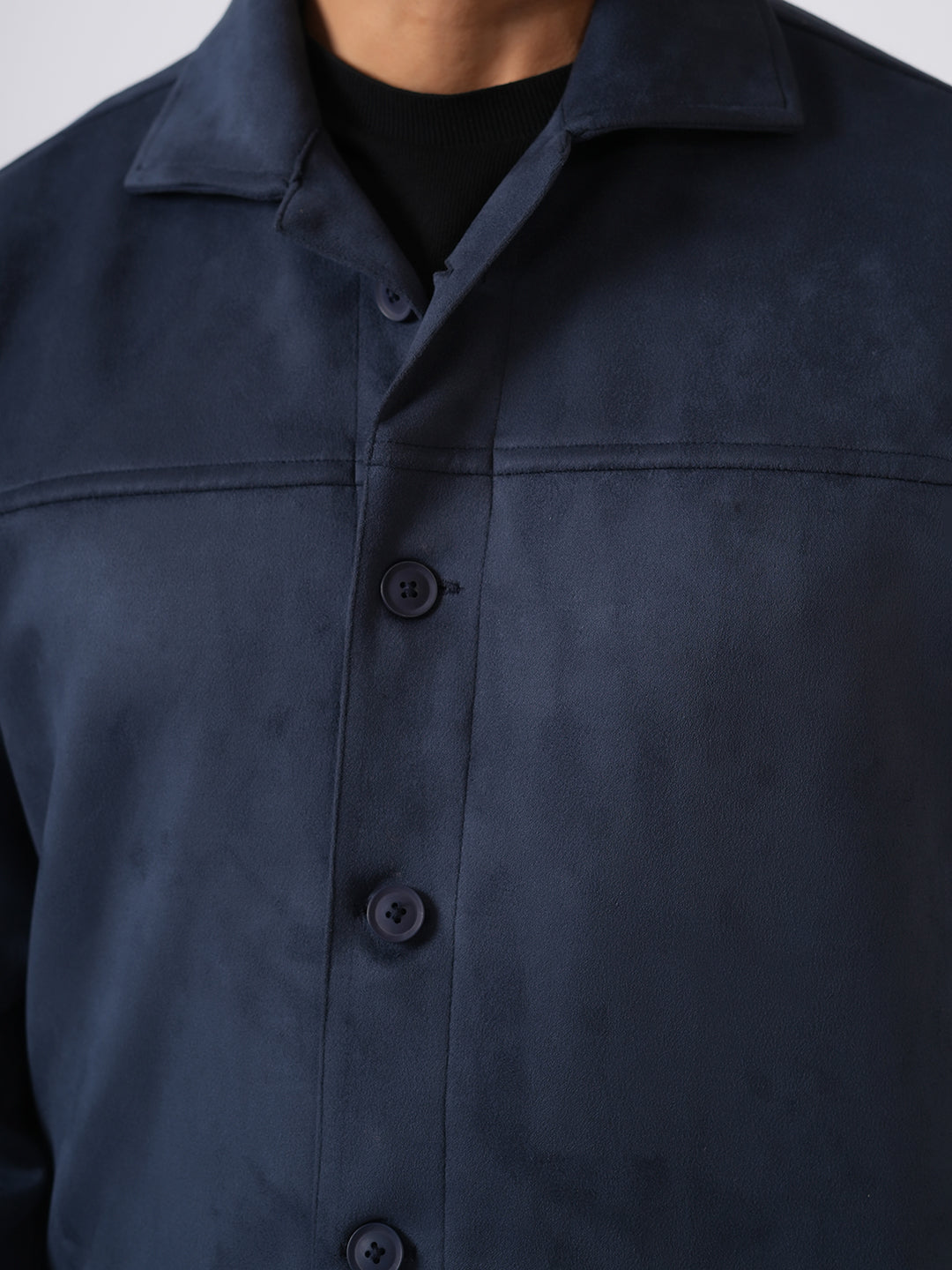 Navy Blue Suede Solid Cut & Sew Jacket