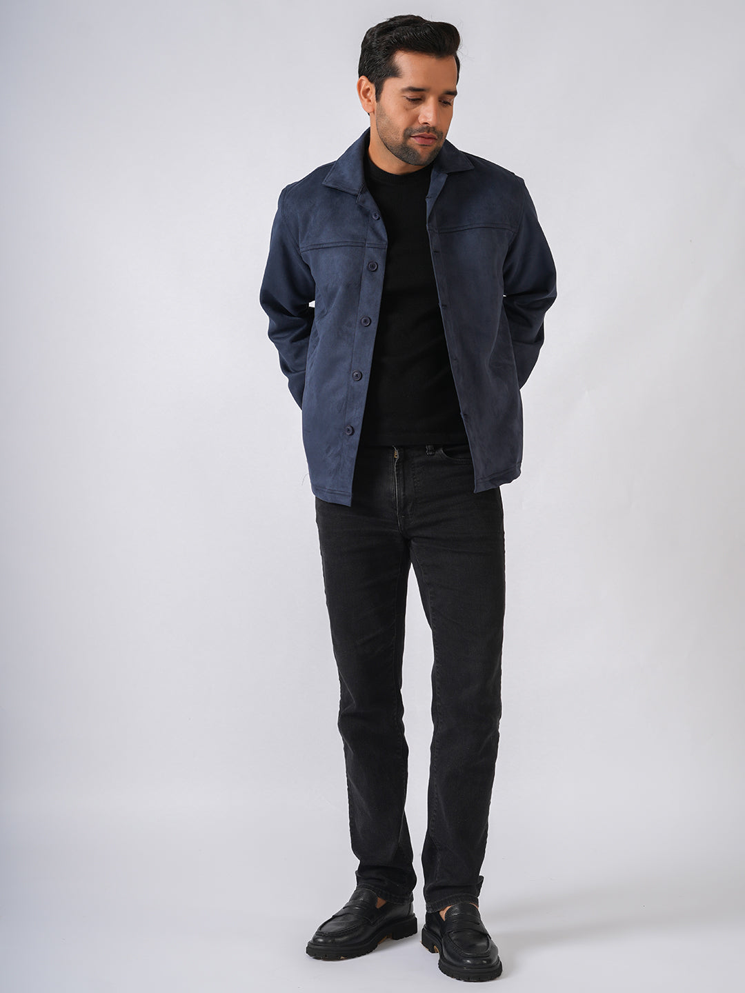 Navy Blue Suede Solid Cut & Sew Jacket