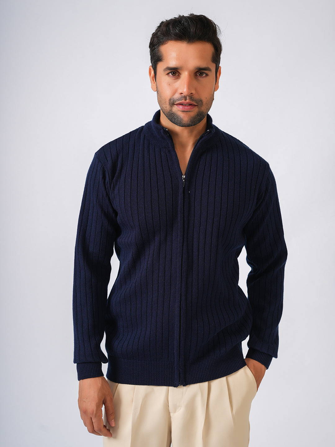 Navy Blue Solid Ribbed Full Zipper Pullover-Sweater
