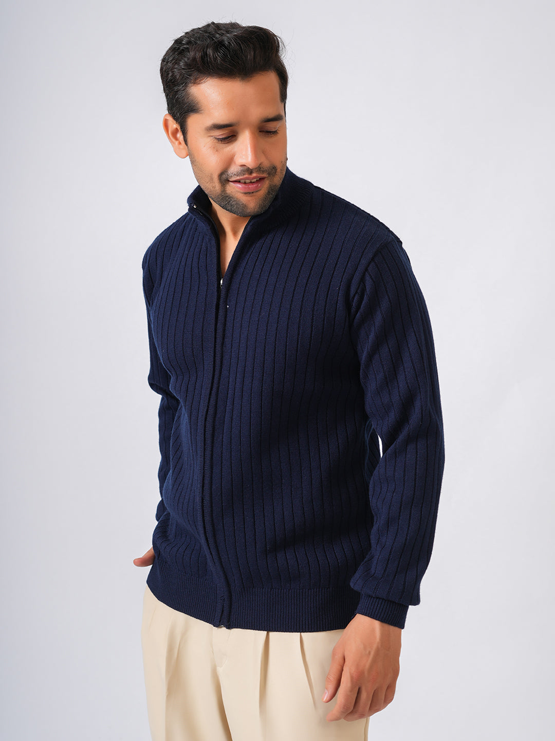 Navy Blue Solid Ribbed Full Zipper Pullover-Sweater