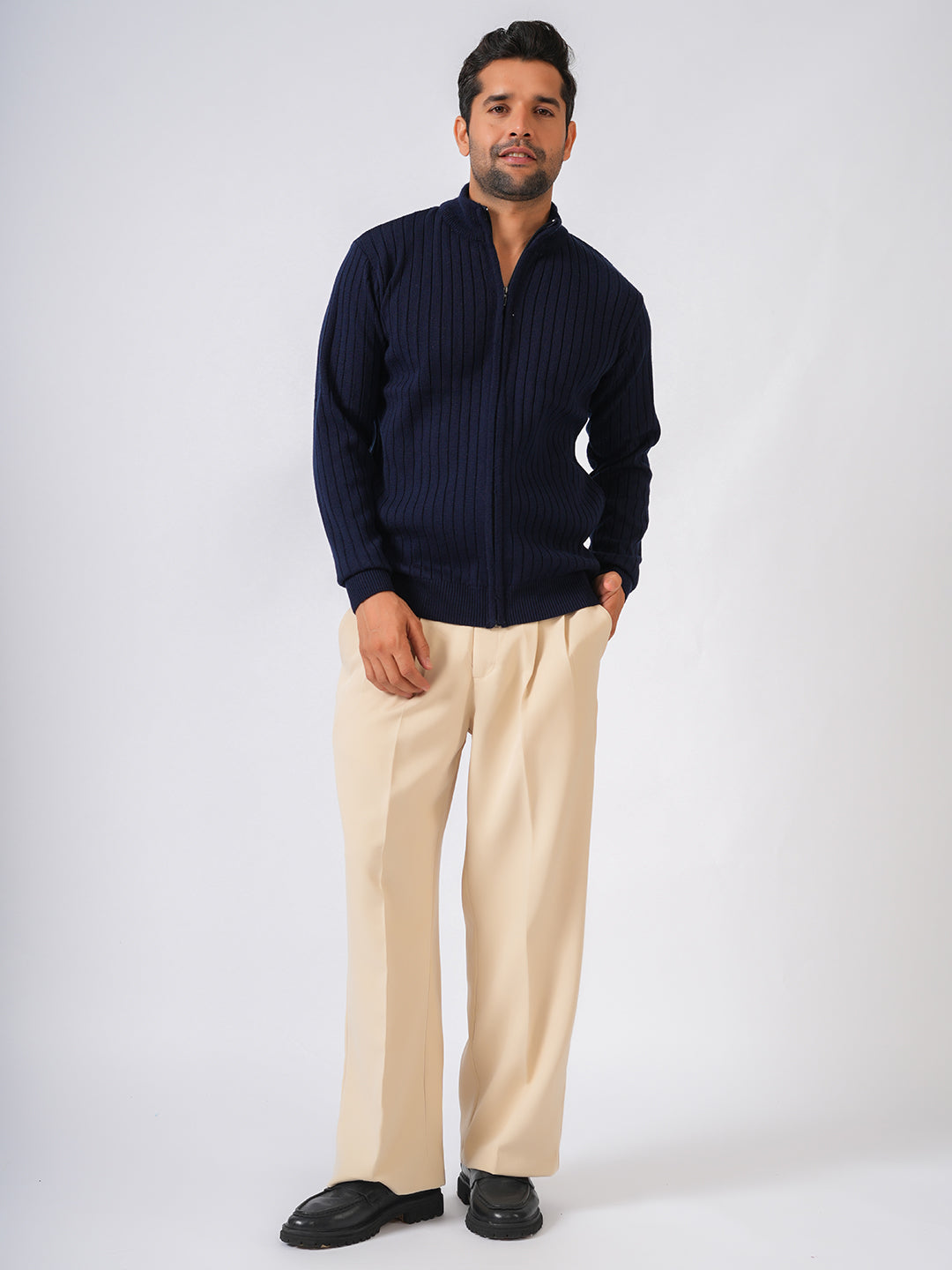 Navy Blue Solid Ribbed Full Zipper Pullover-Sweater