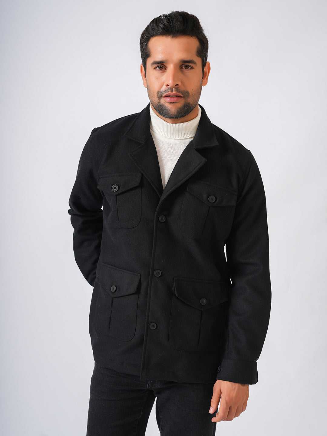 Black Solid Tweed Wool Regular Coat