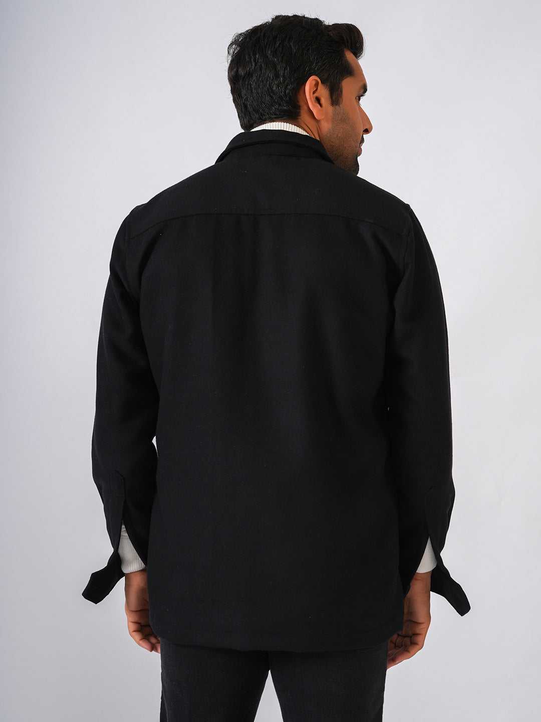 Black Solid Tweed Wool Regular Coat