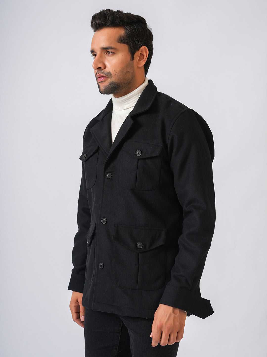 Black Solid Tweed Wool Regular Coat