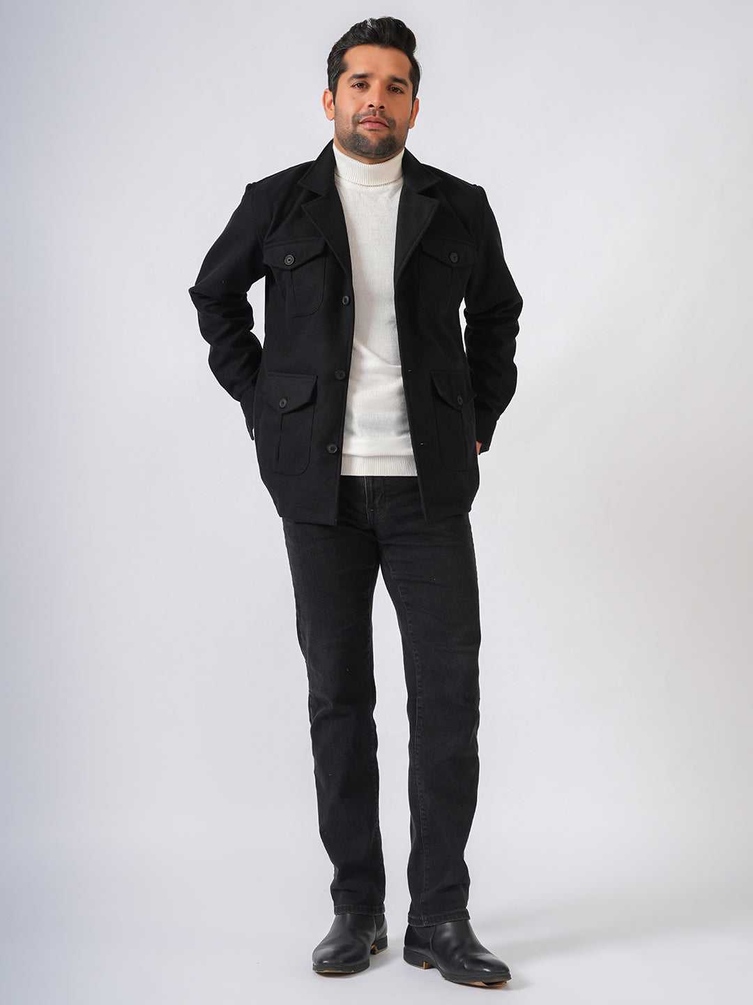 Black Solid Tweed Wool Regular Coat