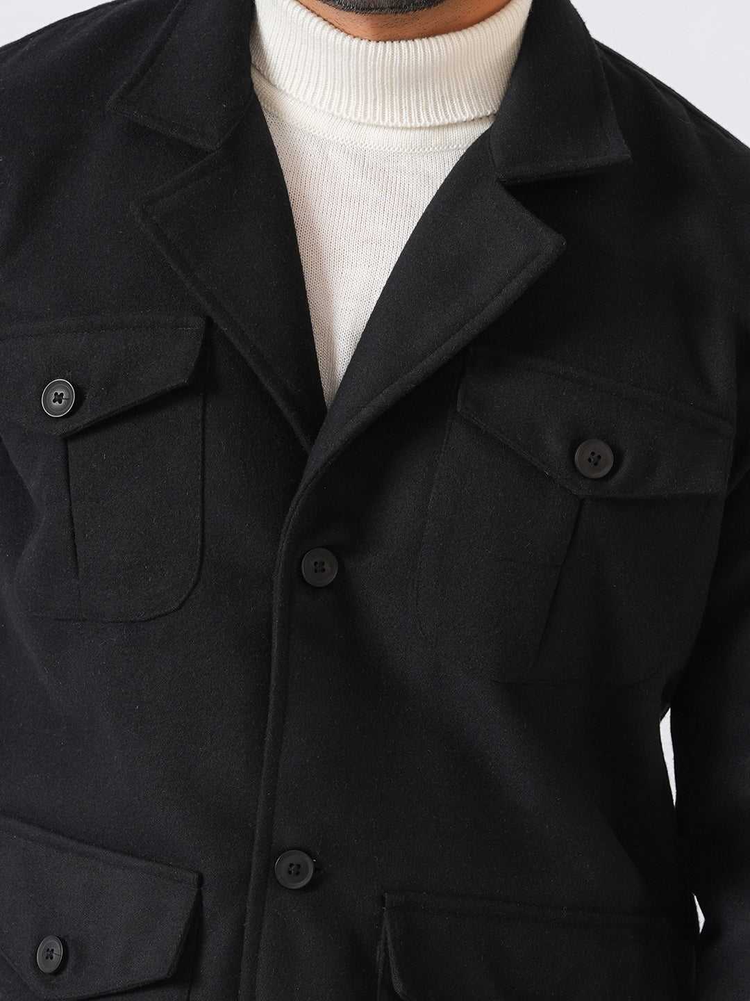 Black Solid Tweed Wool Regular Coat