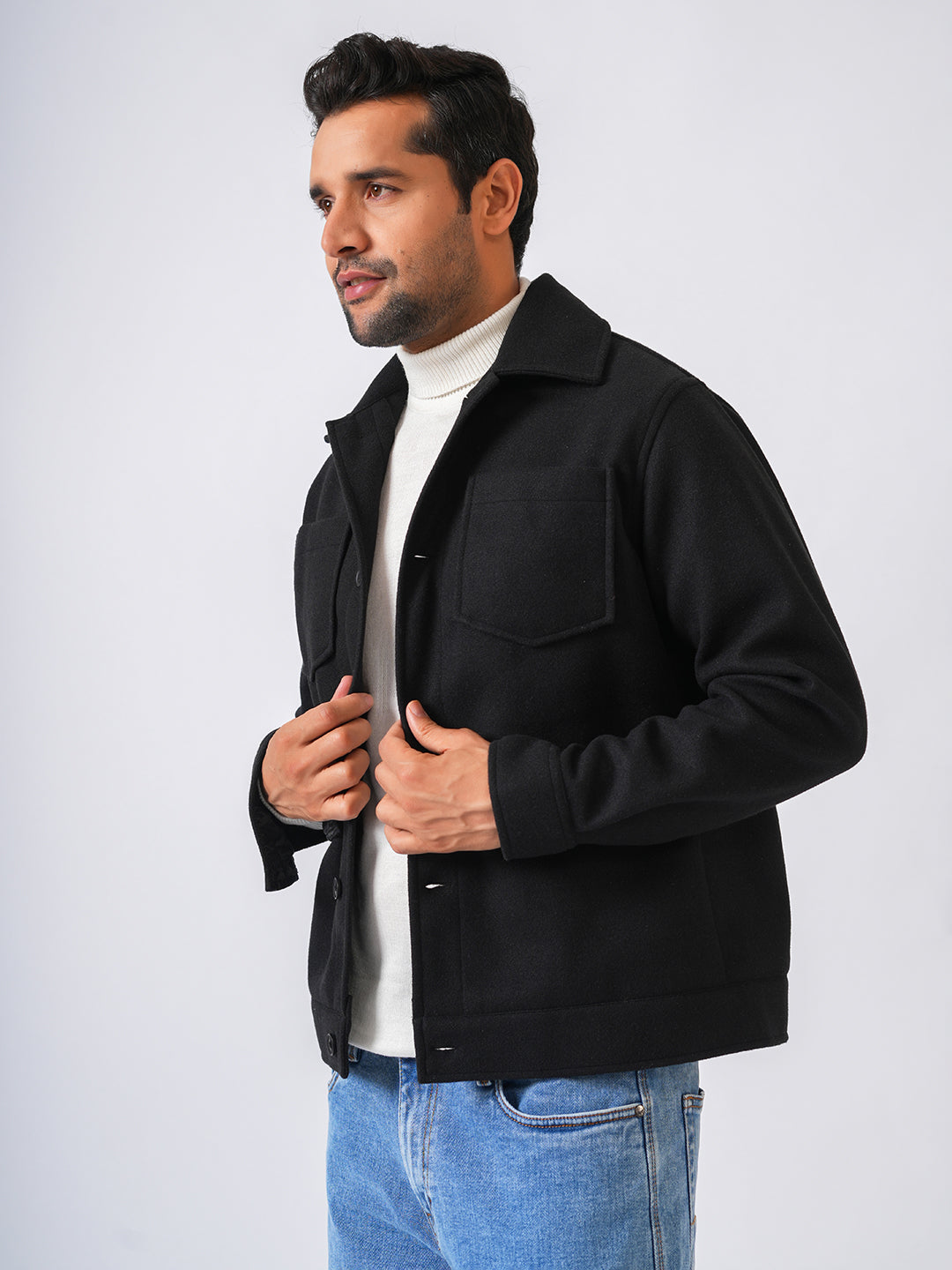 Black Solid Woolen Crop Jacket