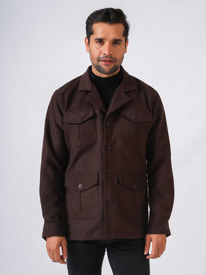 Brown Solid Tweed Wool Regular Coat