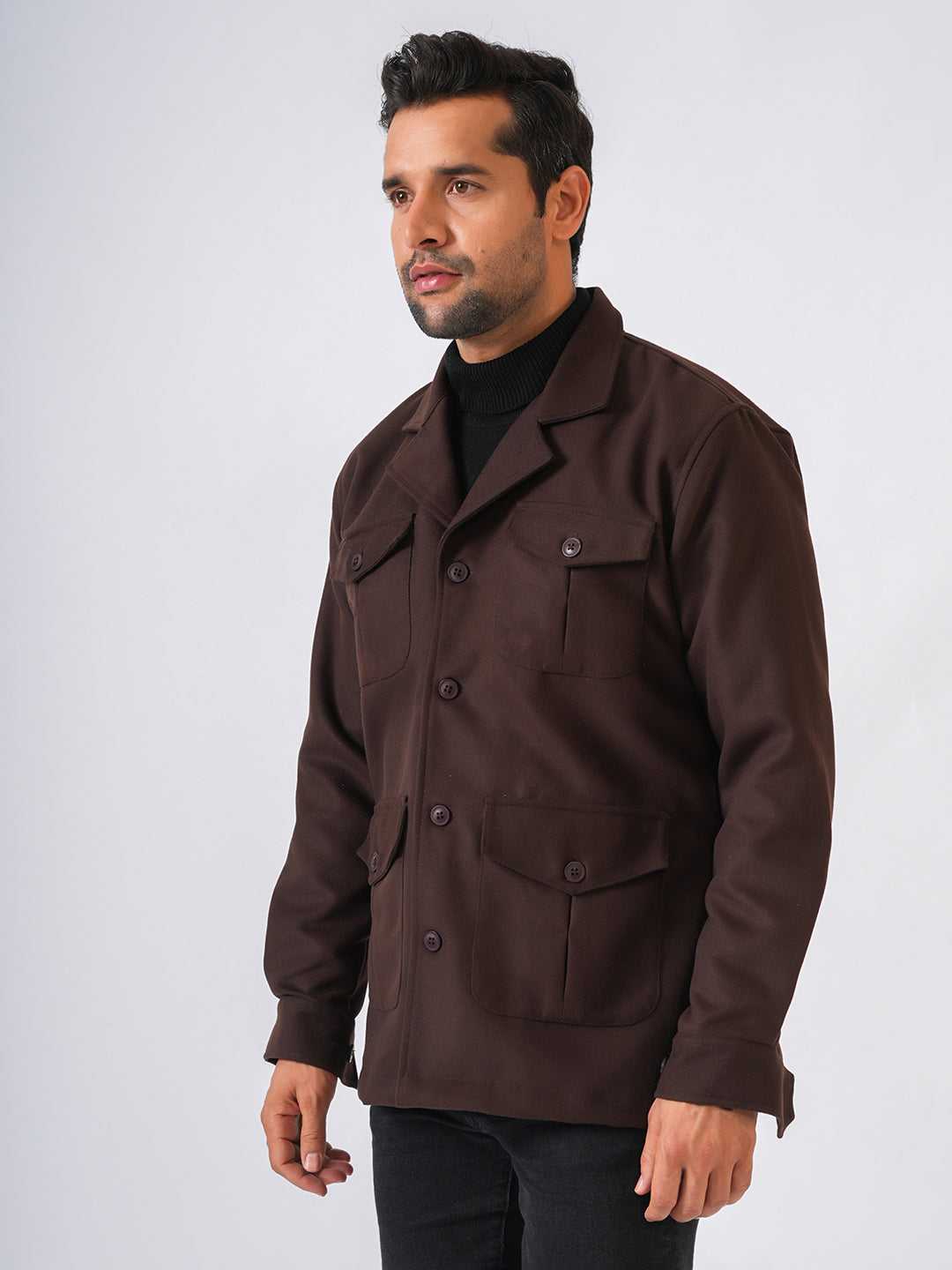 Brown Solid Tweed Wool Regular Coat