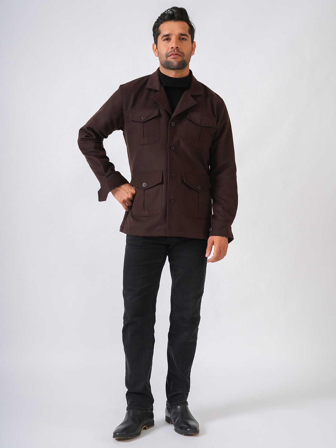 Brown Solid Tweed Wool Regular Coat