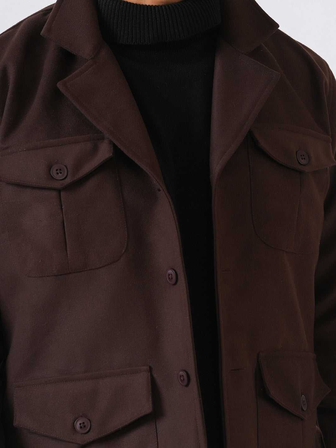 Brown Solid Tweed Wool Regular Coat