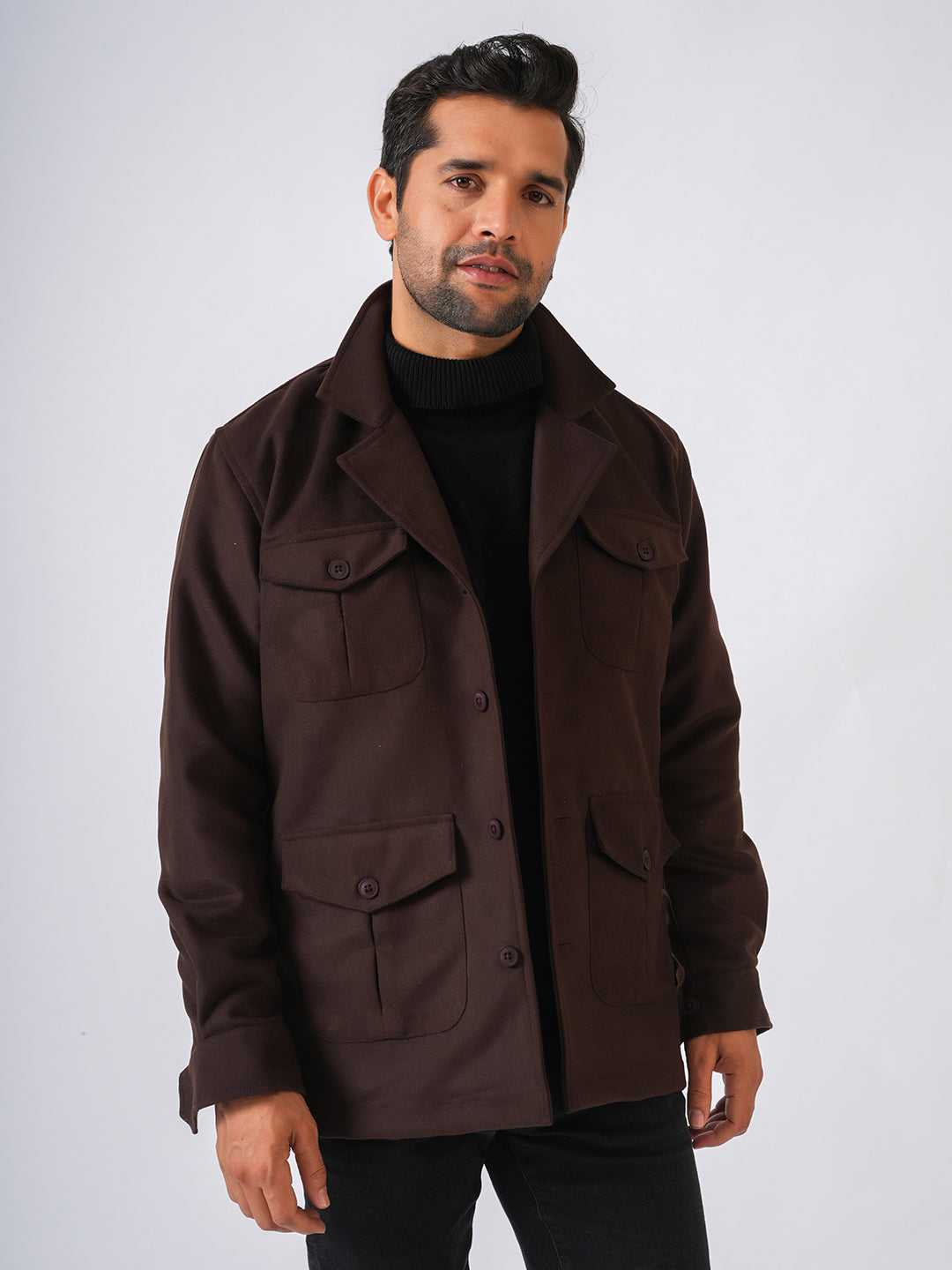 Brown Solid Tweed Wool Regular Coat